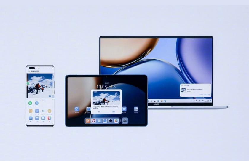 Смартфоны Honor и планшет с интерфейсом Magic UI 6.0 и уведомлениями на экране
