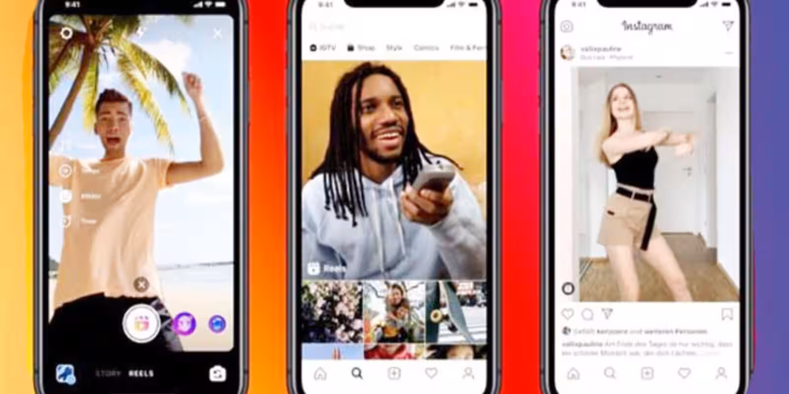 Три смартфона iPhone с интерфейсами Instagram и TikTok