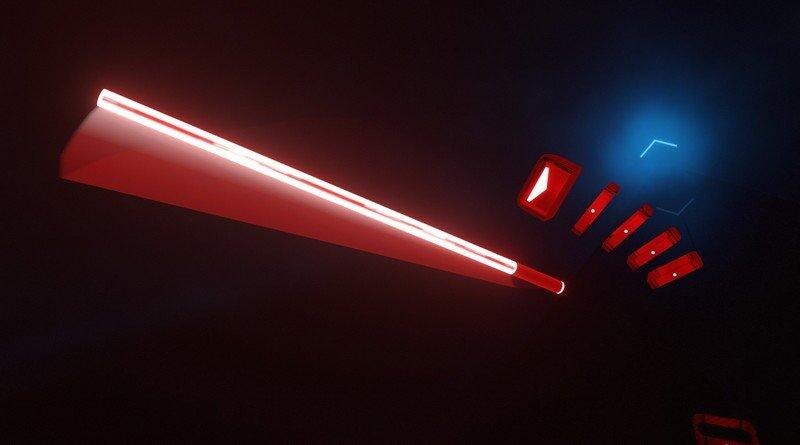 Красный лазерный блок из игры Beat Saber в темной обстановке