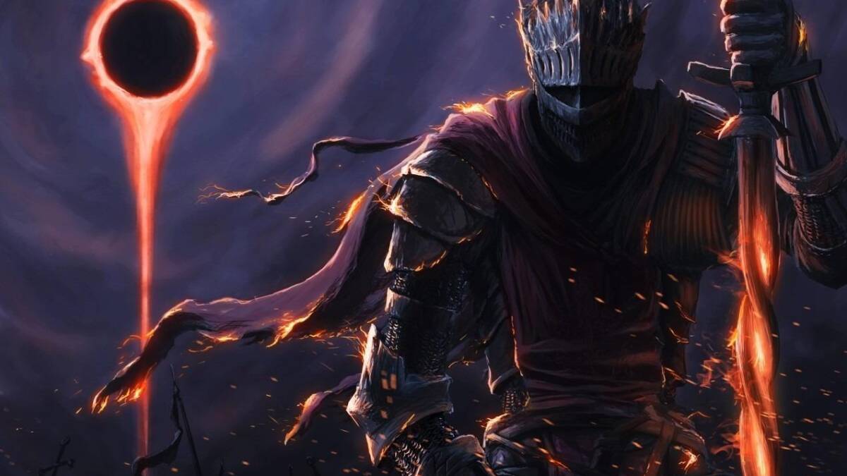 Фэнтезийный воин в броне с мечом на фоне черного солнечного затмения из Dark Souls 3