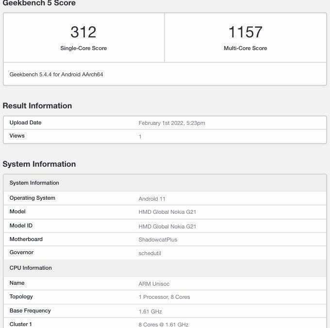 Результаты теста Geekbench для Nokia G21 на Android 11