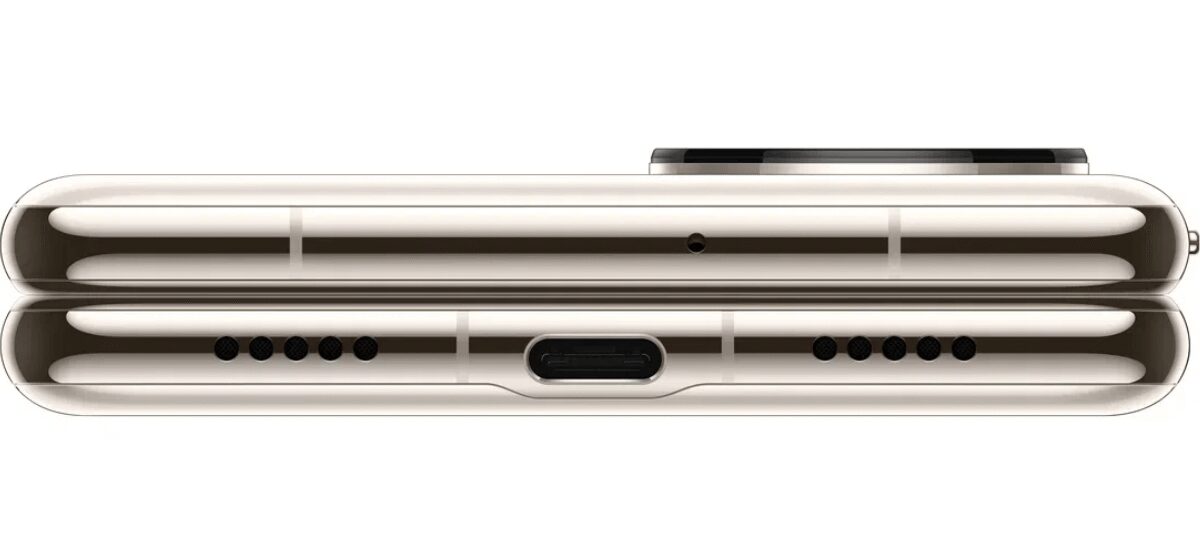 Вид снизу складного смартфона Huawei P50 Pocket: разъемы, динамик и отверстия