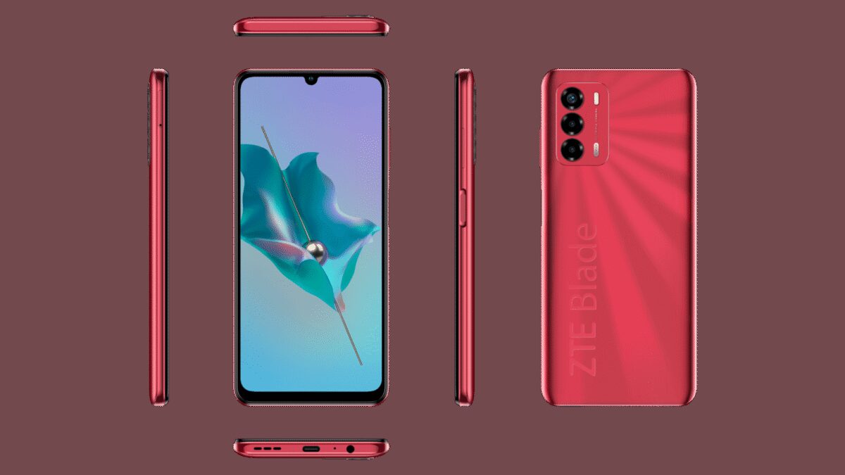 Красный смартфон ZTE Blade V40 с тройной камерой сбоку и лицевой панелью дисплея