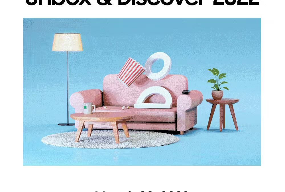 Приглашение на мероприятие Unbox Discover 2022 с изображением уютной гостиной и светлой обстановкой