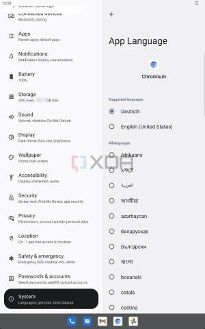 Экран настроек системы Android 13 с выбранным языком приложение Chrome