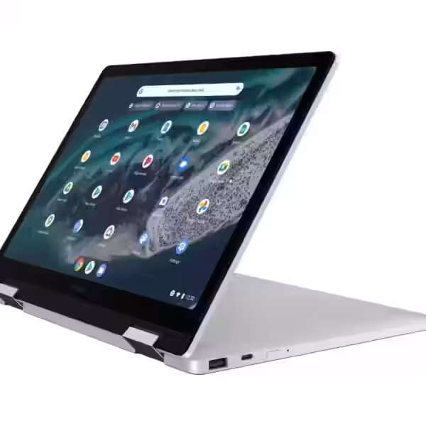Ноутбук Samsung Galaxy Chromebook 2 360 в распрямленном положении, дисплей и порты сбоку