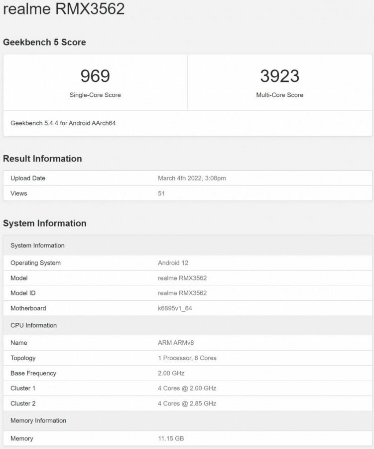 Realme GT Neo3 появился на Geekbench с 12 ГБ ОЗУ
