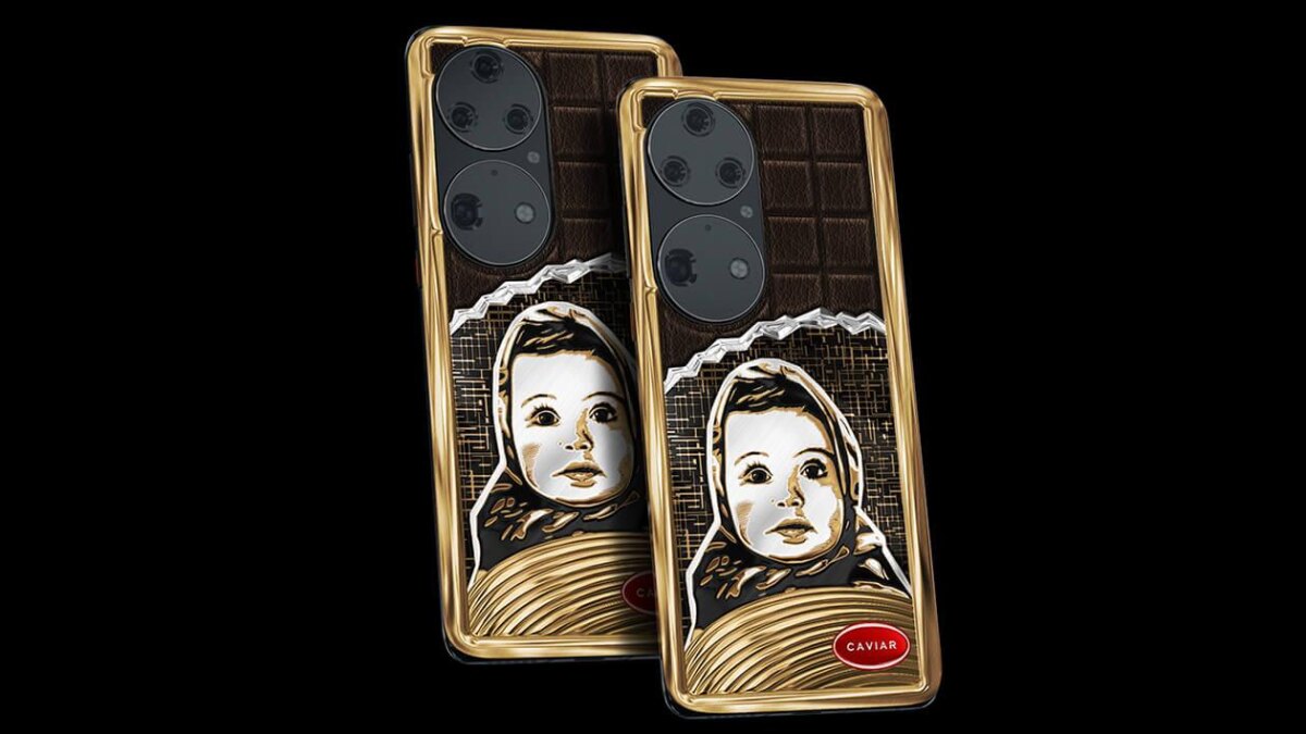 Золотой смартфон Huawei P50 Pro в кожаном корпусе с изображением девочки