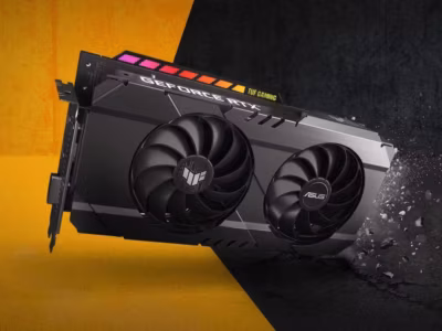Вид с фронта видеокарты ASUS GeForce RTX 3050 TUF Gaming с двумя вентиляторами
