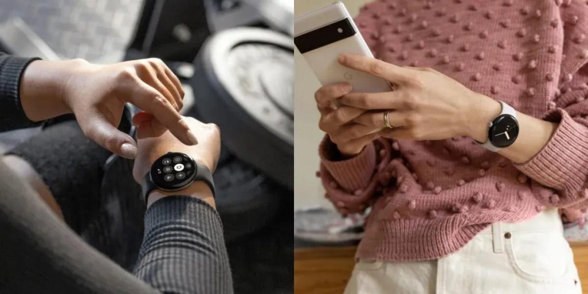 Две умные часы Google Pixel Watch на запястьях