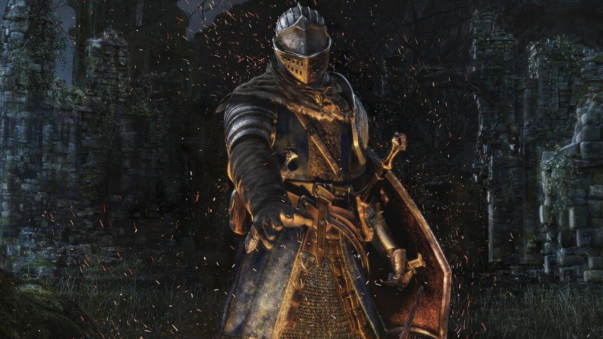 Серверы Dark Souls PC вернутся спустя 4 месяца 9 Костюм рыцаря из Dark Souls с мечом и щитом на фоне руин