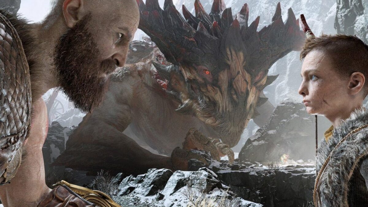 Боги и дракон в бою из God of War Ragnarok — кадр игрового процесса