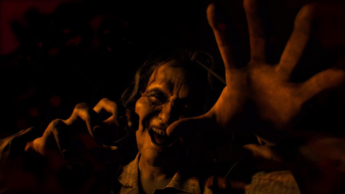 Кадр из игры Resident Evil 2 для PS5 с зловещим персонажем