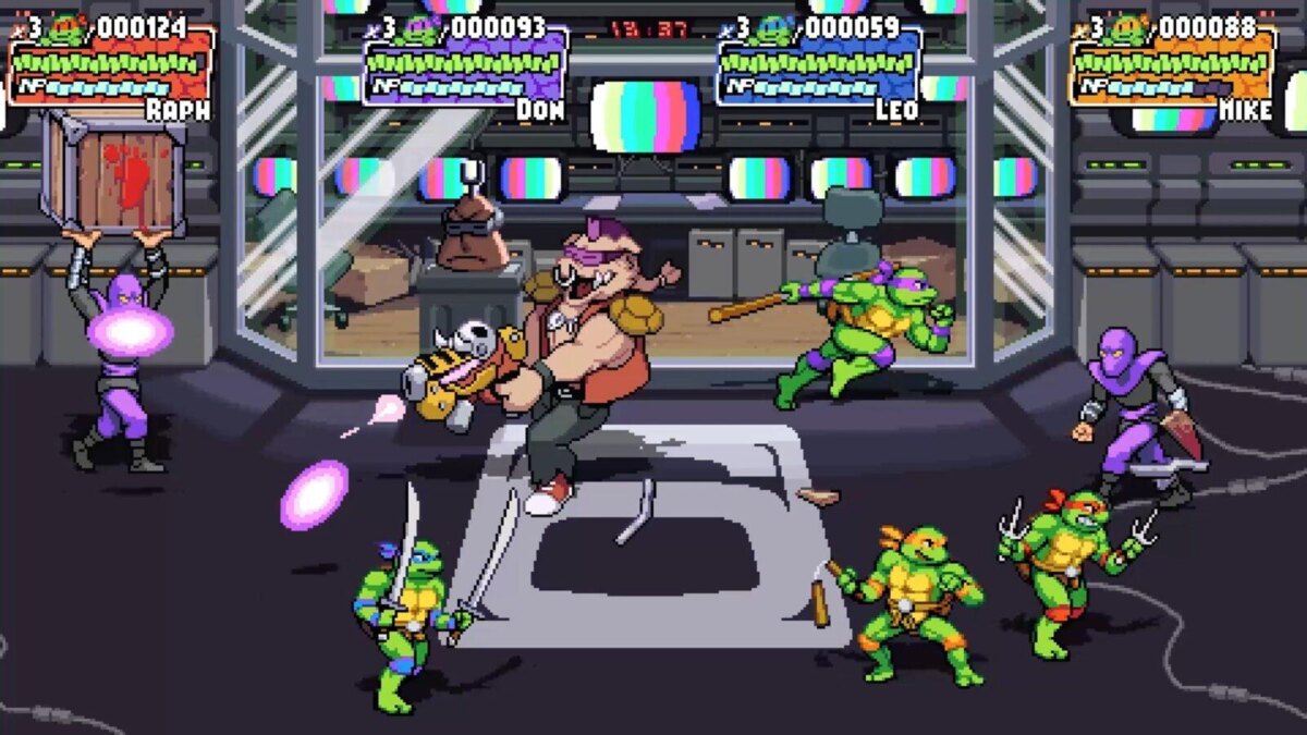 Экран видеоигры TMNT Shredder’s Revenge с персонажами и фонами