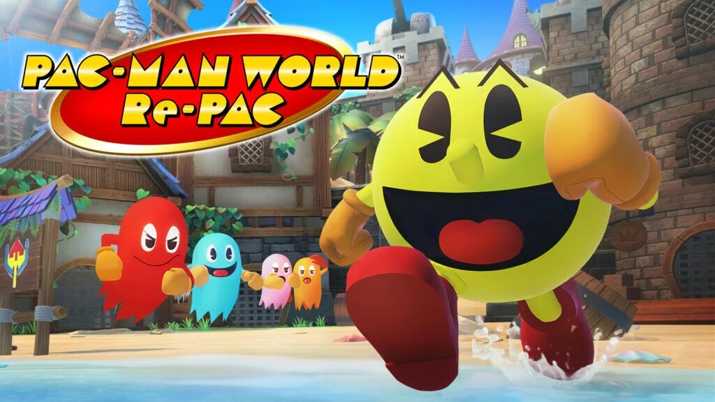 Обложка игры Pac-Man World Re-Pac с Пакменом и привидениями на фоне замка