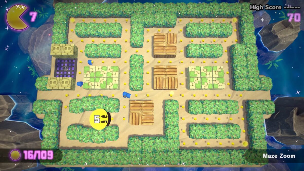 Экран игры Pac-Man World на консоли Nintendo Switch с интерфейсом уровня и элементами управления