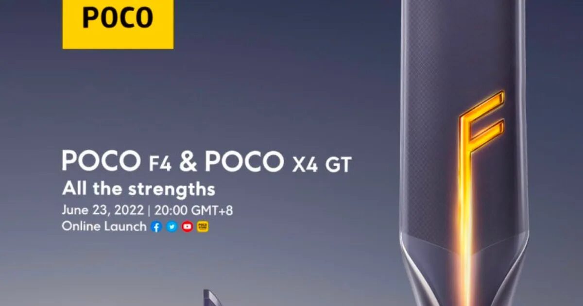POCO X4 GT (23 июня) — смартфон в запуске, рядом с POCO F4 5G на презентации