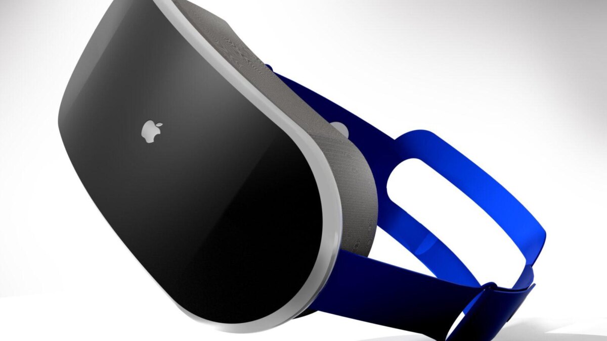 Вид спереди виртуальной гарнитуры Apple с черным экраном