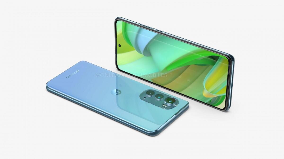 Мобильный телефон Motorola Moto Edge 2022 с тремя камерами сзади и большим дисплеем спереди в боковом ракурсе