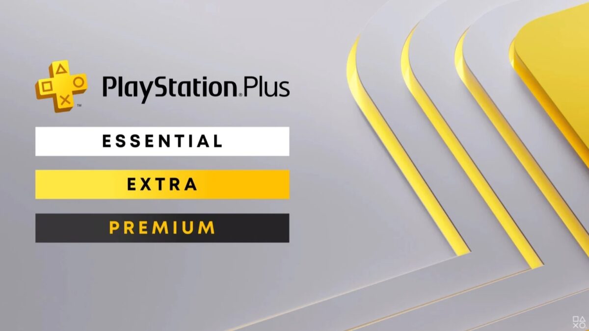 Логотип PlayStation Plus Essential Extra Premium на фоне серого фона
