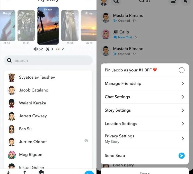 Скриншот интерфейса Snapchat+ с настройками и чатом на iPhone
