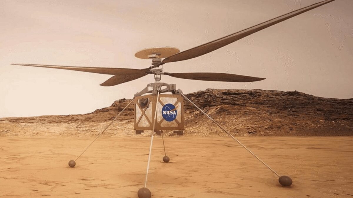 Лабораторный прототип марсианского дрона NASA на деревянной поверхности