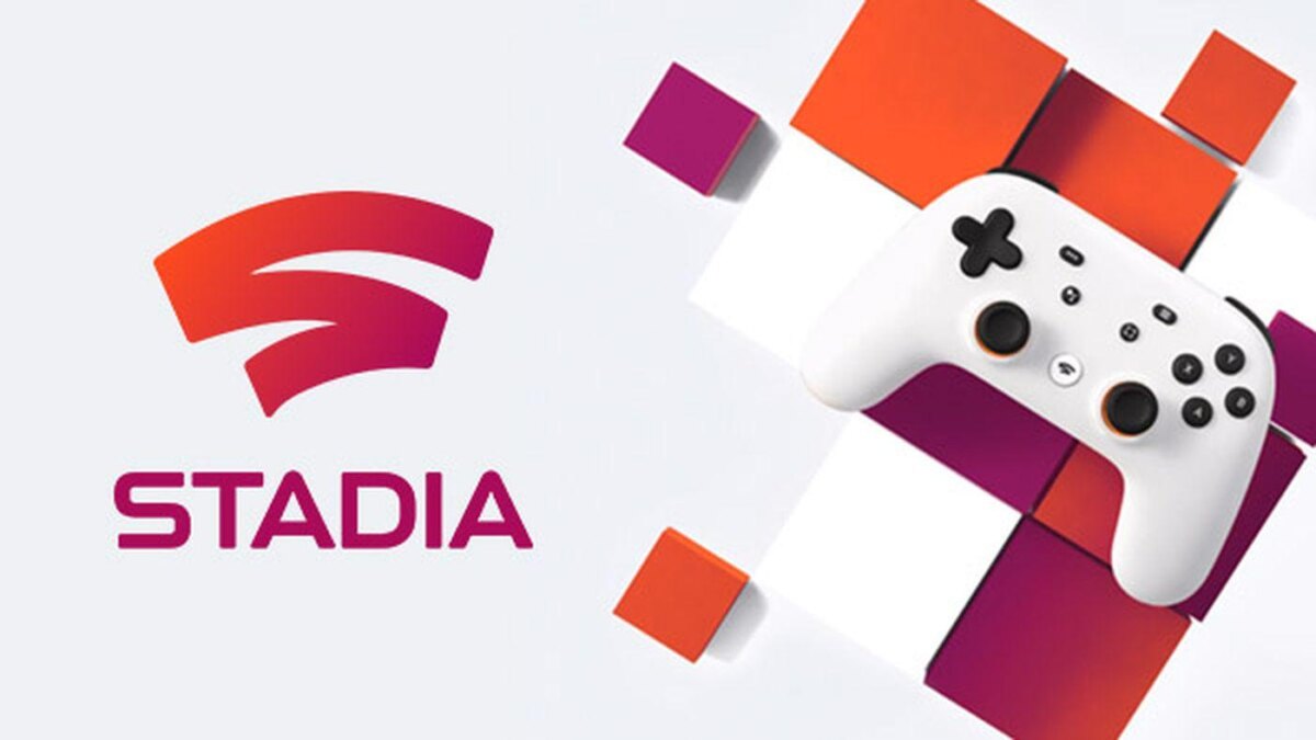 Google Stadia изначально владела The Quarry и High on Life 7 Логотип Google Stadia слева и геймпад приставки справа на фоне геометрических фигур