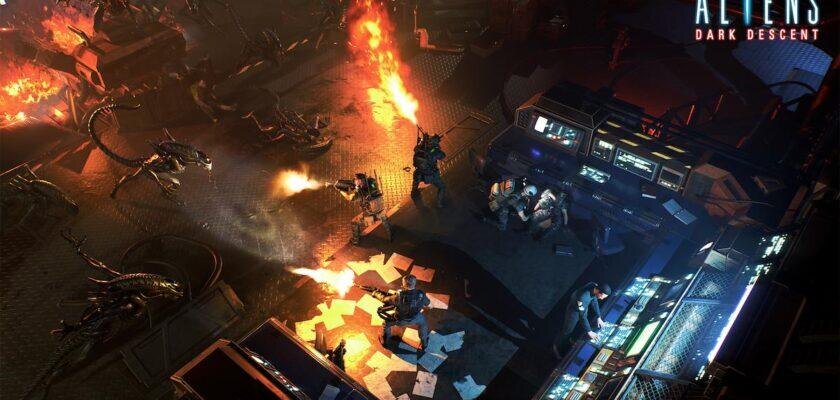 Тактическая сцена из игры Aliens Dark Descent с освещением и оружием