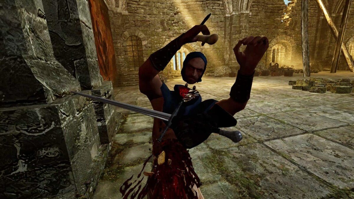 Персонаж из игры Ведьмак в VR с мечом в руке