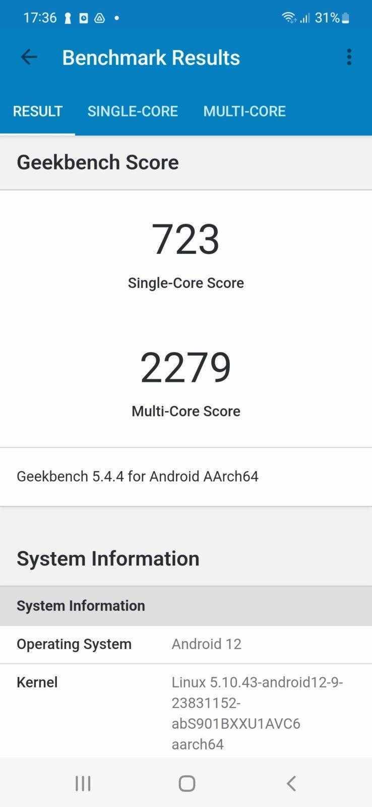 Обзор Samsung Galaxy S22: быстрее, тоньше, красивее (Screenshot 20220519 173613 Geekbench 5)