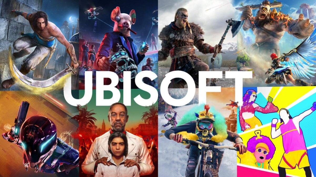 Коллаж изображений из игр Ubisoft, включая персонажей и игровые сцены