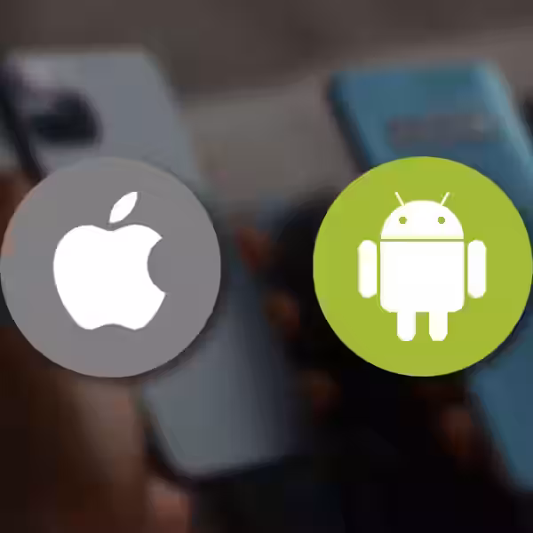 Логотипы Apple iPhone и Android на фоне смартфонов в руке для статьи о миграции пользователей