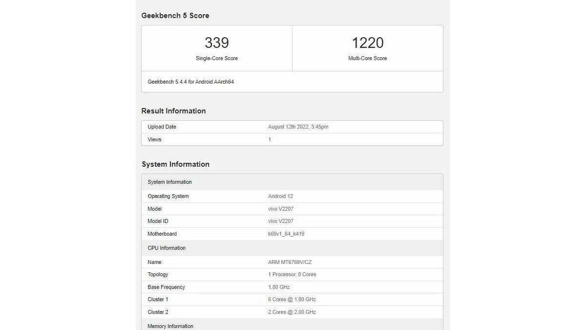 Vivo Y22 появился в базе Geekbench 3 Vivo Y22