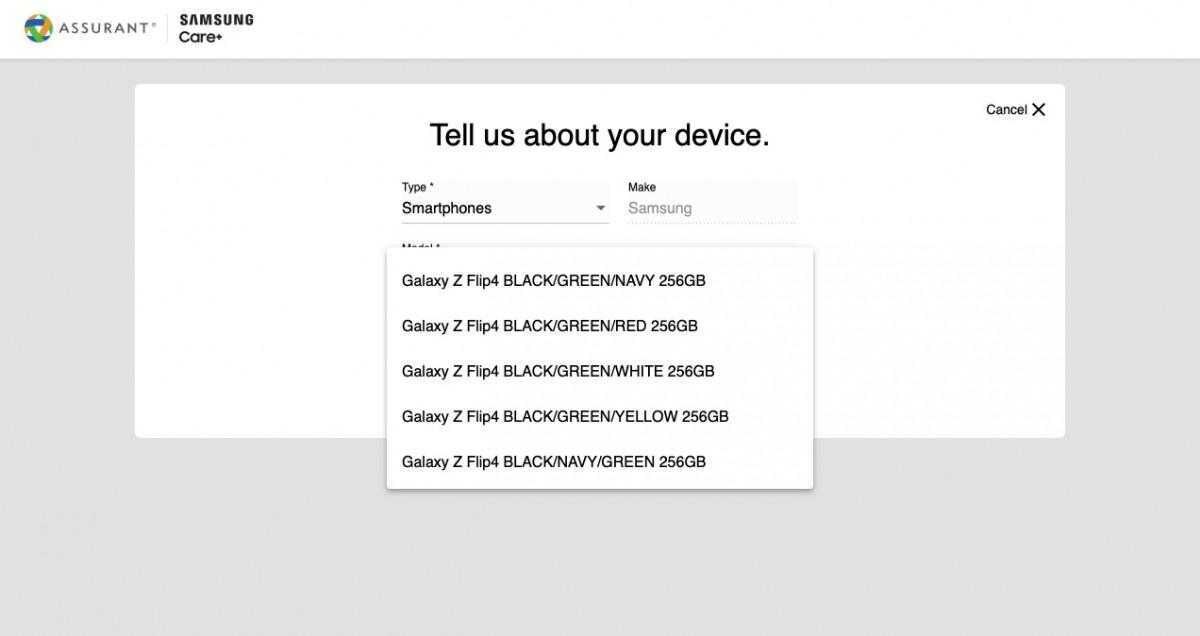 Выпадающее меню выбора цвета и объема памяти Samsung Galaxy Z Flip 4