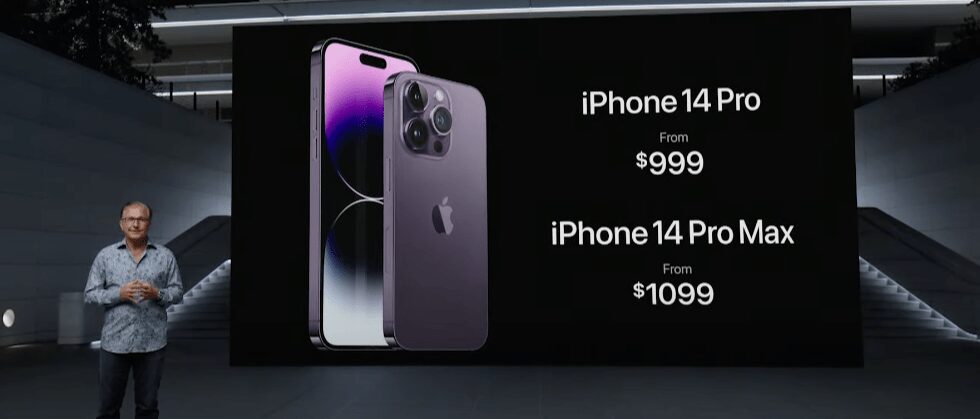 Экран демонстрирует цены на iPhone 14 Pro и iPhone 14 Pro Max