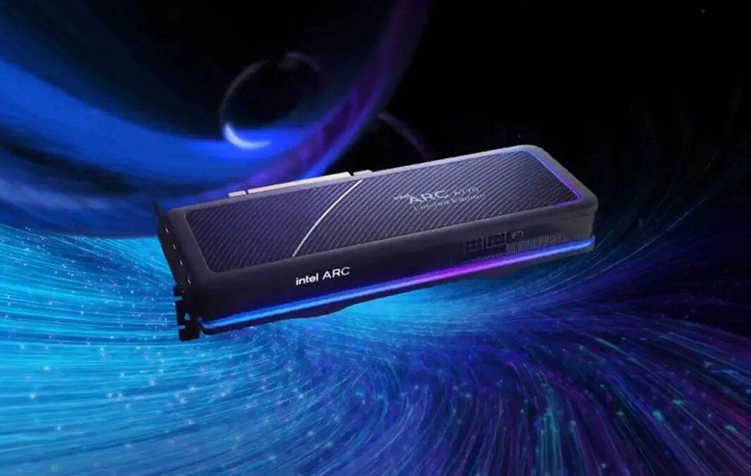 Видеокарта Intel ARC A750 в космической среде с яркими линиями света