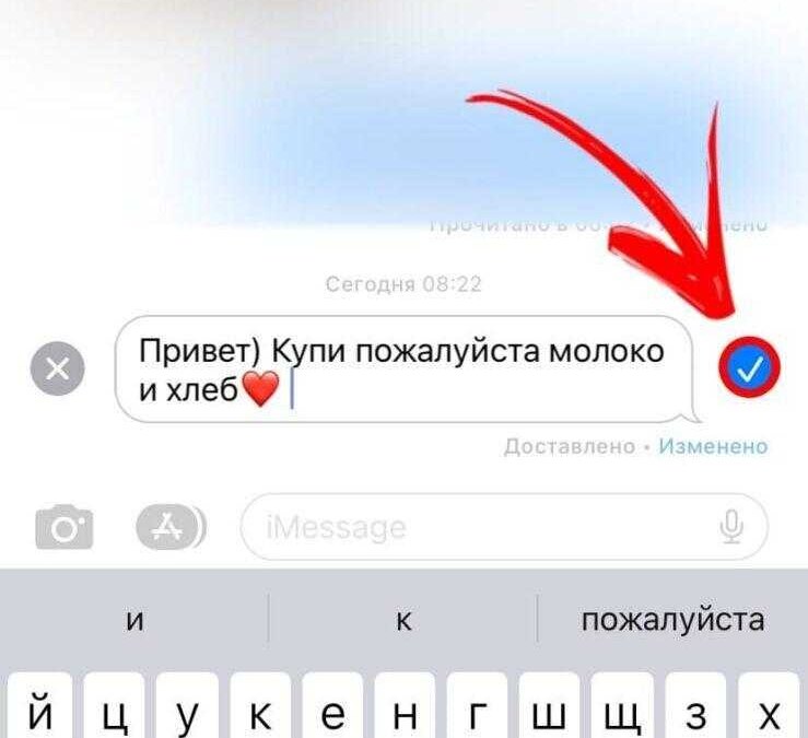 Экран iPhone с сообщением и синей галочкой в iMessage