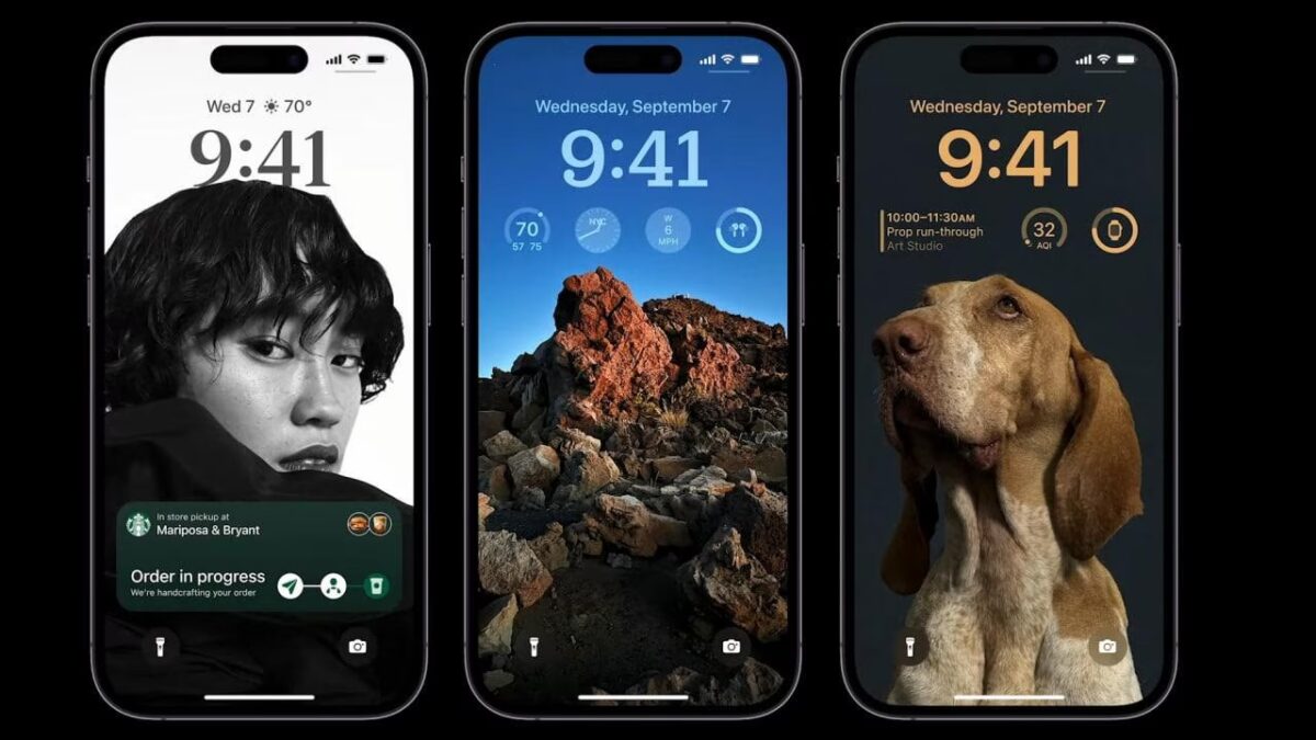Экран iPhone 14 Pro Max с обоями и разными часами на разных фоновых изображениях