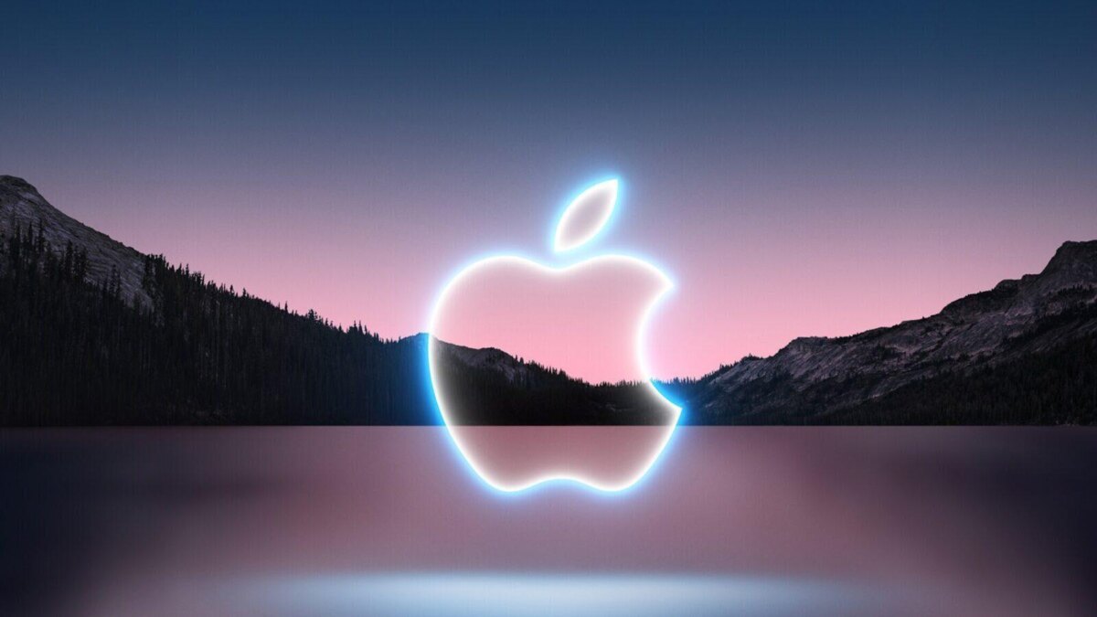 Светящийся логотип Apple на фоне гор и озера, неоновый дизайн в стиле презентации Apple