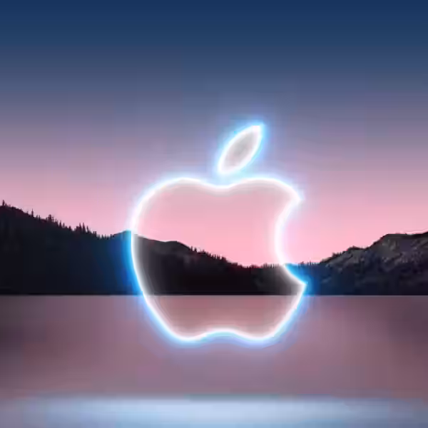 Светящийся логотип Apple на фоне гор и озера, неоновый дизайн в стиле презентации Apple