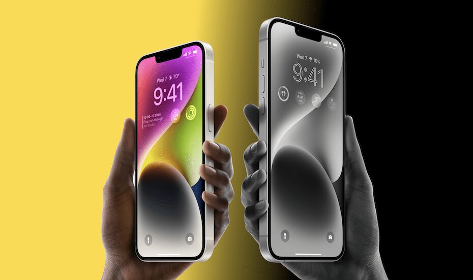 Два смартфона Apple iPhone 14 Plus в руках, фронтальные экраны с интерфейсом