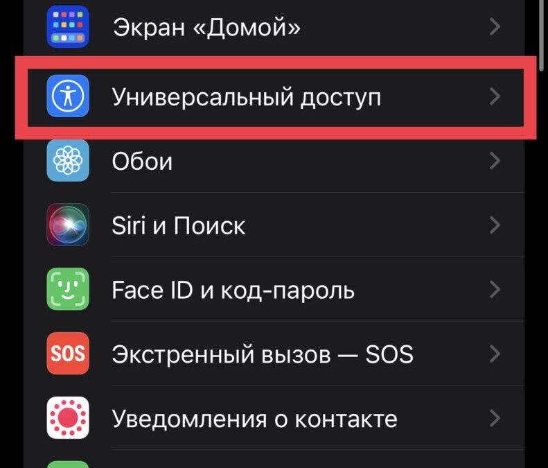 Настройки iPhone с выделенной опцией универсальный доступ
