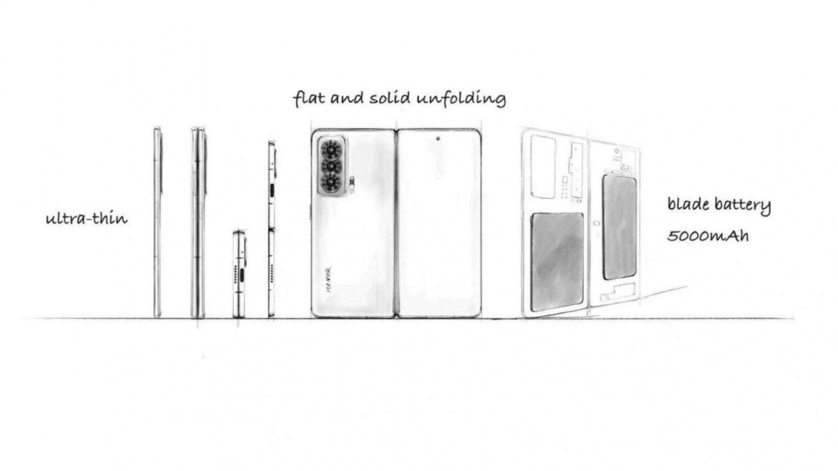 Чертеж складного смартфона Honor Magic Vs с разными положениями неразвернутым и развернутым