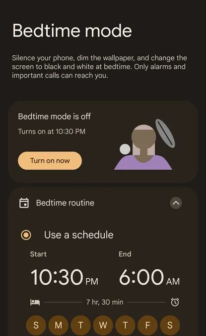 Экран настройки режима сна на Android 13 с выбором расписания и кнопкой включения