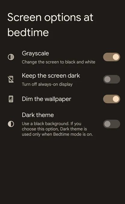 Настройки режима сна в Android 13 с темной темой и затемнением экрана