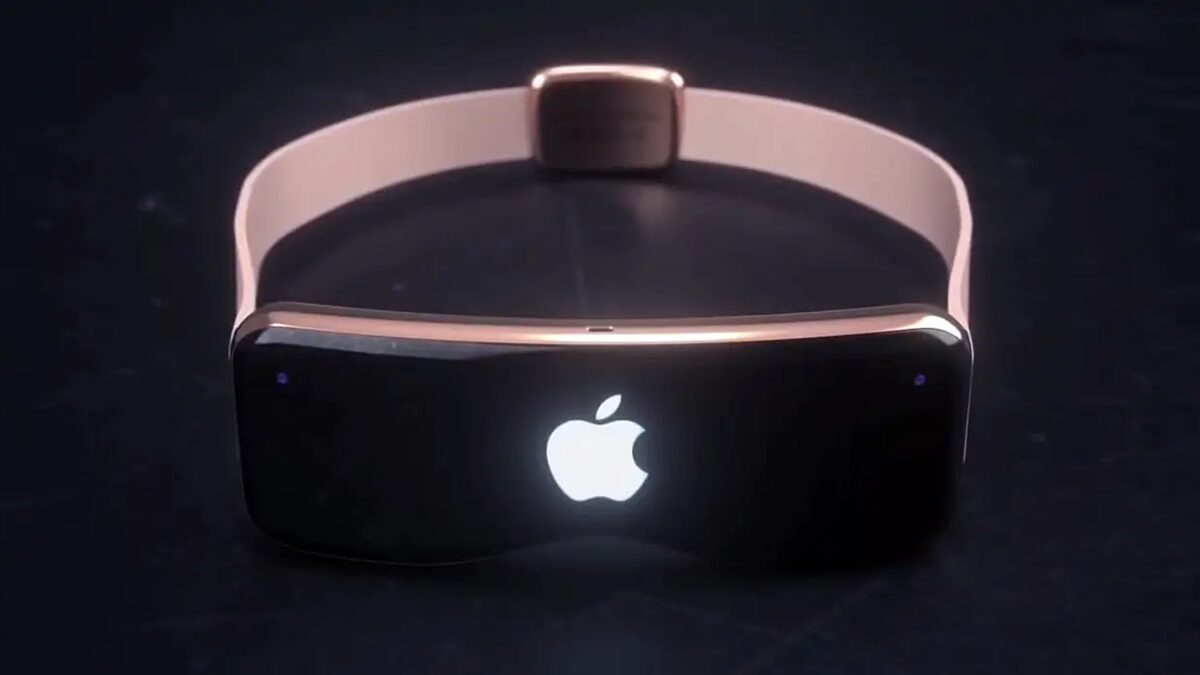 Гарнитура Apple AR/MR с белым ремешком и логотипом яблока