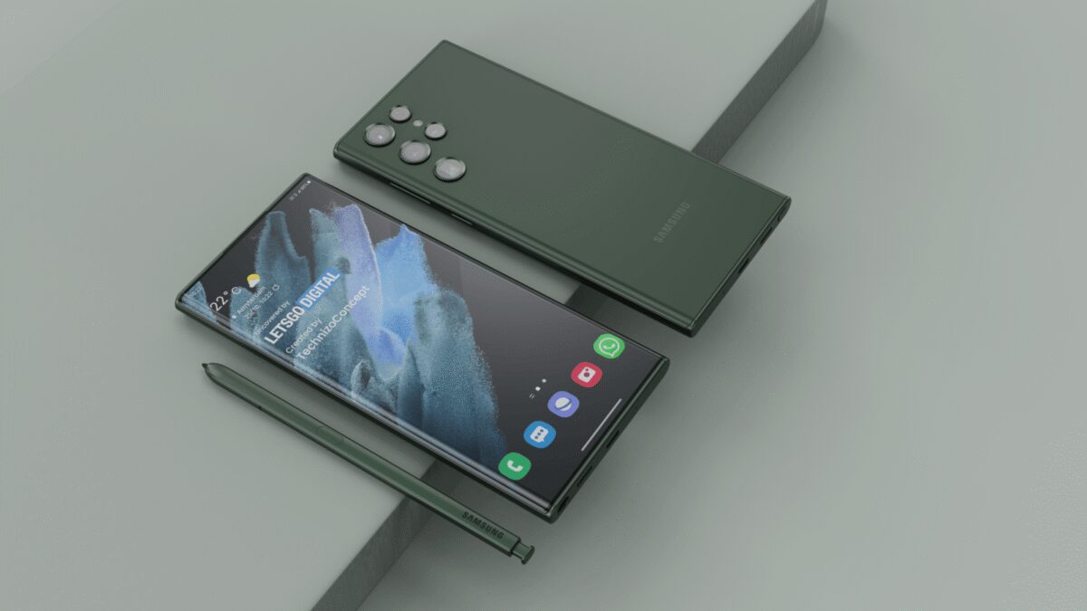 Смартфон Samsung Galaxy S23 Ultra в зелёном цвете с S Pen и экраном, видны детали интерфейса