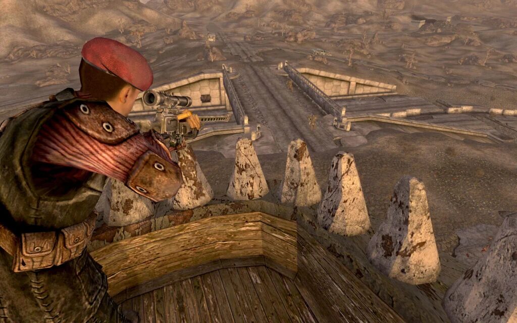 Один из персонажей смотрит с вершины крепости на разрушенный пейзаж Fallout