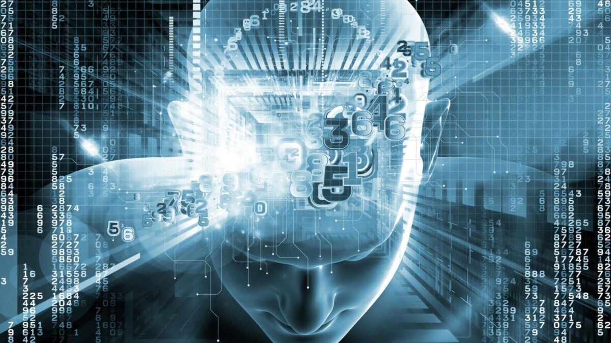 Головной профиль с цифровыми числами и интерфейсом AI