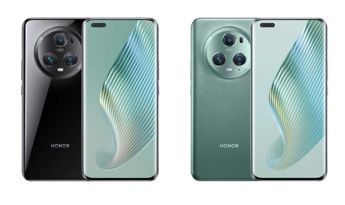 Два смартфона Honor Magic 5 с круглыми модулями камер и дисплеями